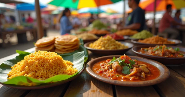 Mesa com pratos típicos nordestinos como acarajé, moqueca, tapioca e carne de sol em ambiente de feira ao ar livre