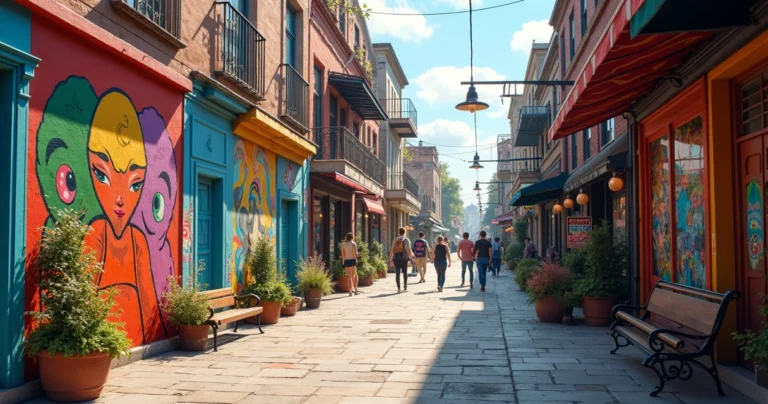 Rua vibrante com grafites coloridos, marcas de arte urbana e pedestres explorando lojas criativas