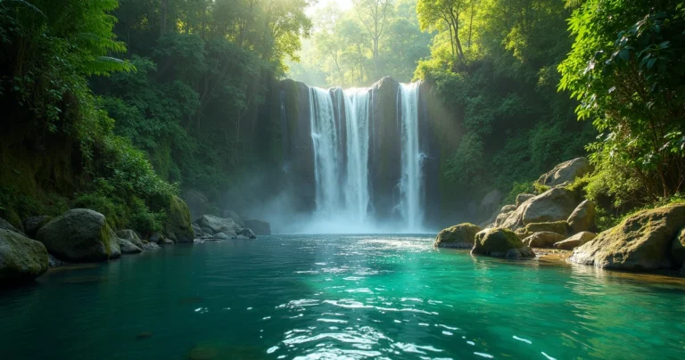 Cachoeira escondida em floresta tropical com piscina natural e vegetação densa ao redor