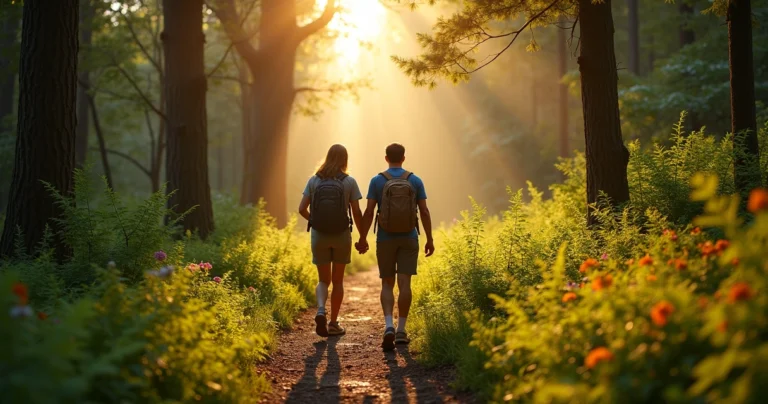 Casal caminhando por trilha em floresta, com luz natural filtrando pelas árvores