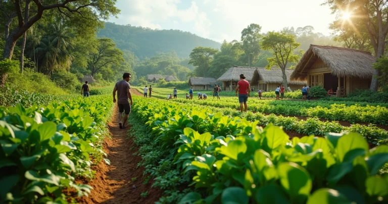 Comunidade rural sustentável em área verde com plantações e pessoas trabalhando no campo