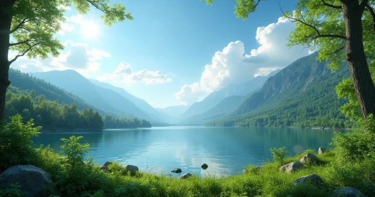 Paisagem natural com floresta verde, um lago calmo e montanhas ao fundo em dia ensolarado