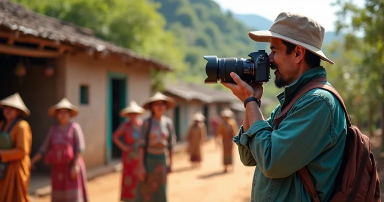 Fotógrafo segurando câmera em vilarejo cultural com moradores locais ao fundo