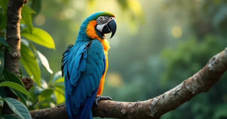 Arara azul pousada em galho com vegetação verde ao redor no Pantanal