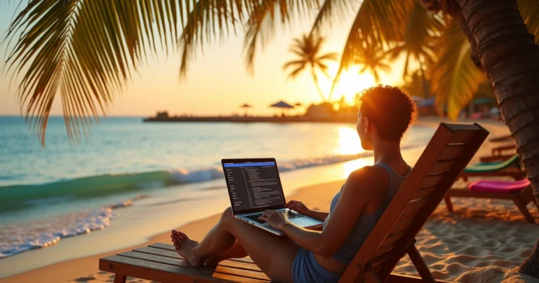 Nômade digital trabalhando ao ar livre com laptop na praia durante o pôr do sol