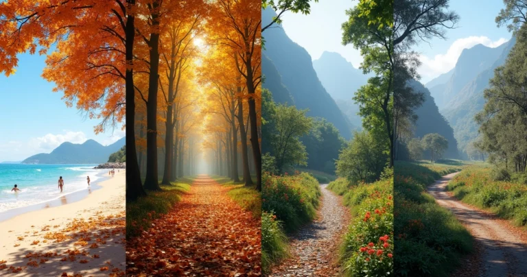 Paisagem dividida em quatro partes mostrando as quatro estações do ano no Brasil: verão com praia ensolarada, outono com folhas caídas, inverno com montanhas e neve leve, primavera com flores coloridas