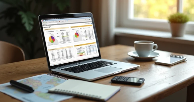Mesa com notebook exibindo planilha de orçamento de viagem, com cadernos, calculadora e mapas ao redor