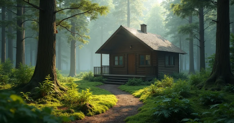 Cabana de madeira em floresta densa rodeada por vegetação verde tranquila