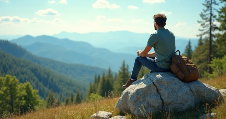 Viajante sozinho sentado em pedra contemplando uma paisagem natural ampla com montanhas ao fundo e céu azul claro