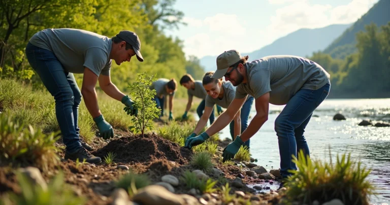 Voluntários trabalhando juntos em projeto de conservação ambiental em área natural