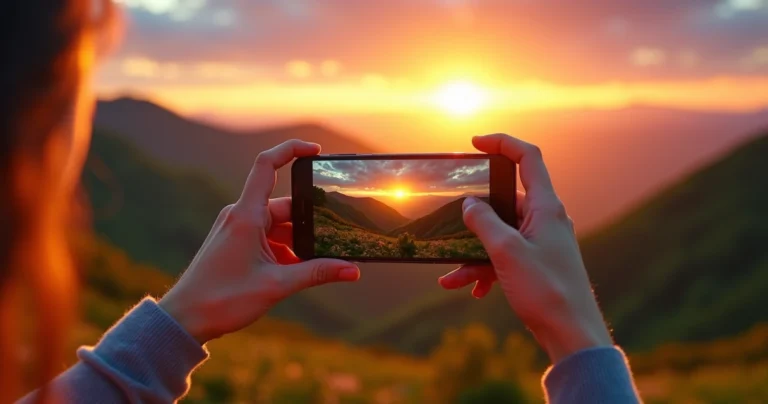 Pessoa tirando foto de paisagem natural com celular ao pôr do sol