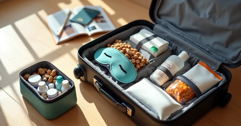 Mala de viagem aberta mostrando itens essenciais de bem-estar como hidratante, protetor solar, máscara de dormir, fones de ouvido e snacks saudáveis organizados dentro dela