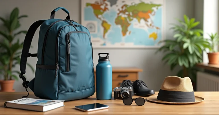 Mochila de viagem compacta sobre uma mesa com itens essenciais organizados ao redor
