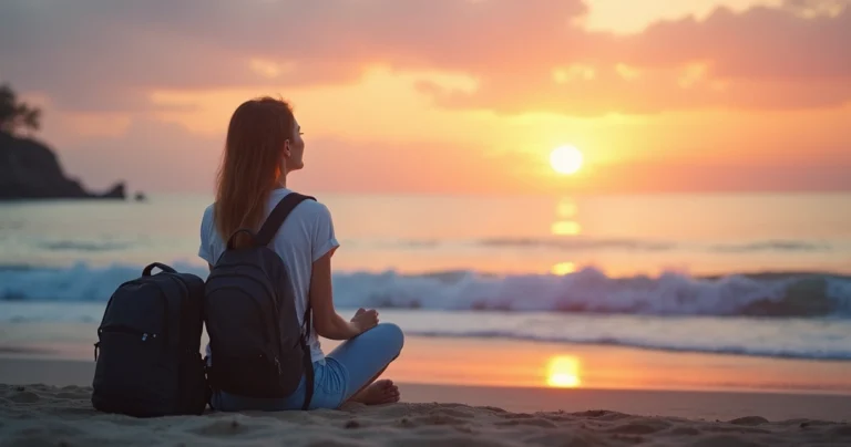 Mulher sentada sozinha na praia olhando o mar ao pôr do sol, mochila ao lado e cenário tranquilo