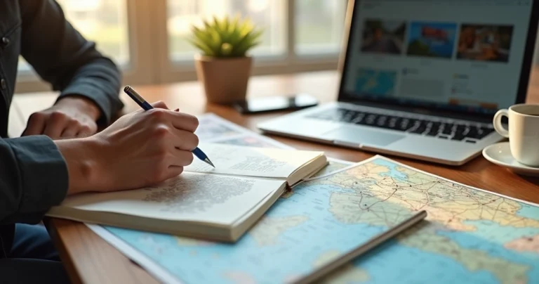 Pessoa organizando roteiro de viagem com caderno, mapa e laptop sobre mesa de madeira clara
