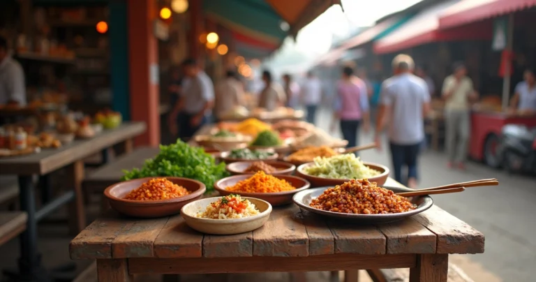 Mesa rústica com pratos típicos coloridos e diversas comidinhas expostas em mercado local iluminado