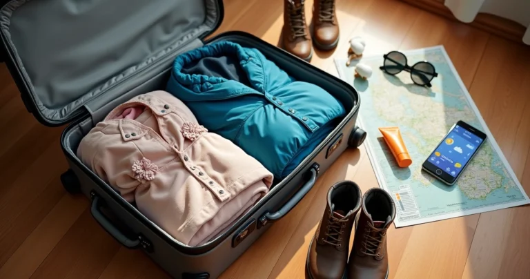 Pessoa organizando mala de viagem com roupas para diferentes estações e clima variado