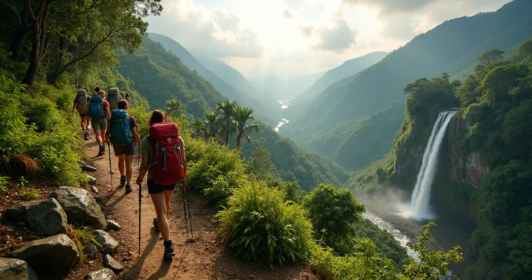 Grupo de viajantes em trilha de montanha no Brasil com mochilas e cachoeira ao fundo